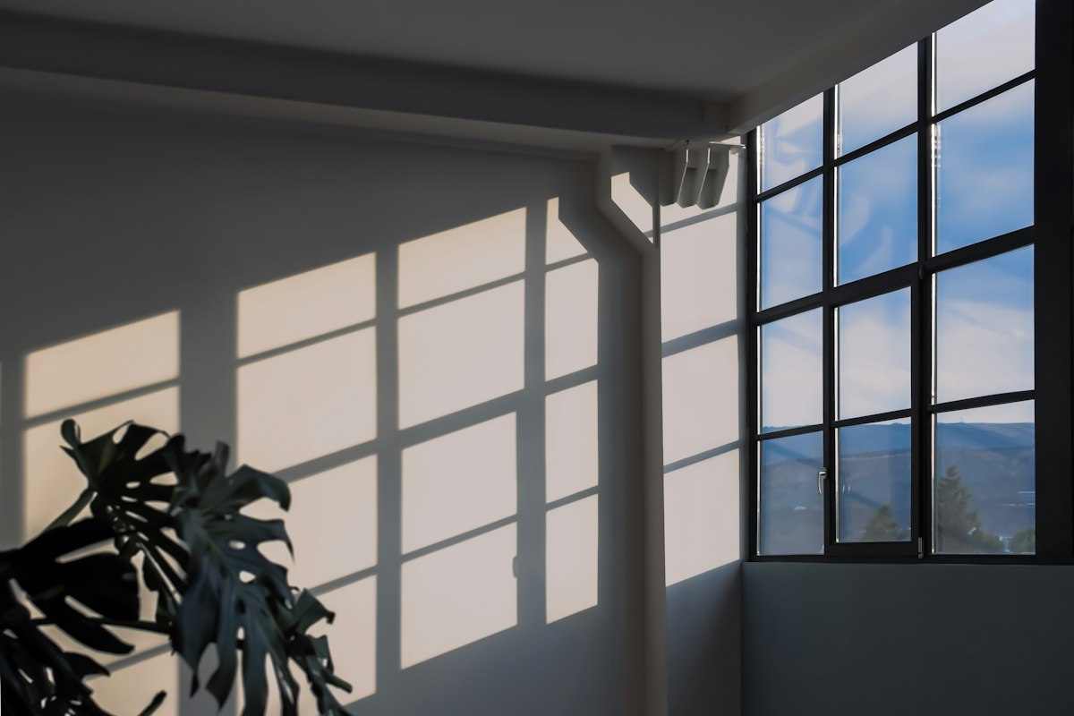 Luz del sol entrando por una ventana sobre una pared blanca