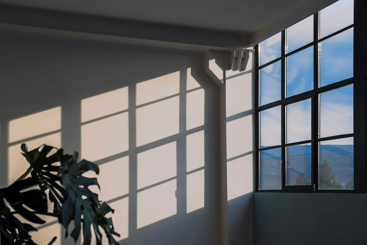 Luz del sol entrando por una ventana sobre una pared blanca