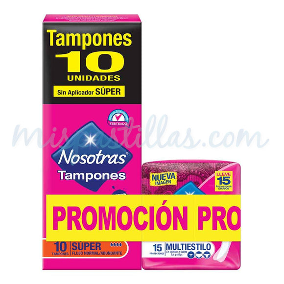 Tampón Nosotras Digital Súper Sin Aplicador x 10 + Protectores Multiestilo x 15