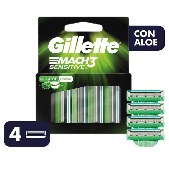 Cartuchos de afeitar Gillette Mach3 Sensitive x 4 unidades para piel sensible con Aloe Vera