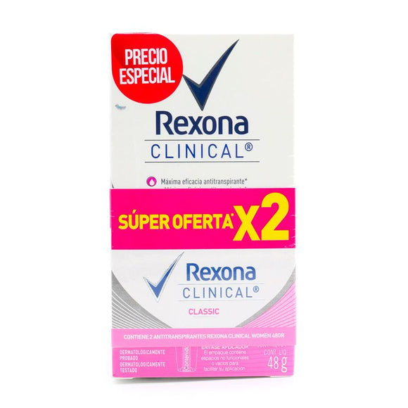Desodorante Rexona Clinical Classic Women Barra x 48 g x 2 Uds - empaque rosado, kit de 2 unidades