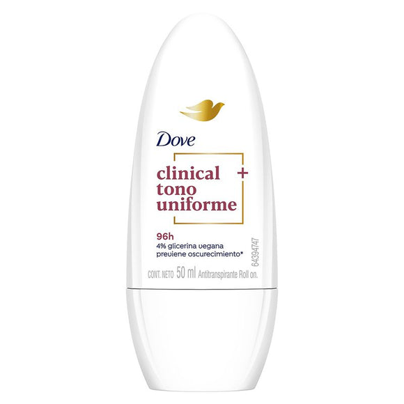 Desodorante Dove Rollon Tono Uniforme Clinical 50 ml para mujer, envase blanco y morado con tapa transparente