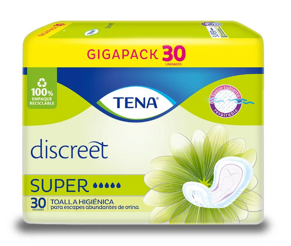 TOALLA TENA MUJER DISCREET SUPER 30 UNIDADES - Uno A Droguerias