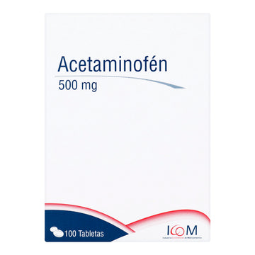 Acetaminofen 500 mg 100 Tabletas ICOM — caja