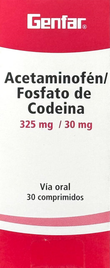 Acetaminofen + Codeina 325/30 mg 30 Tabletas Genfar — caja