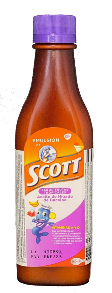 Emulsión Scott Frutas Tropicales frasco 180 ml - Suplemento vitamínico con aceite de hígado de bacalao