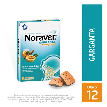 Noraver-P Garganta Naranja Miel benzocaína cetilpiridinio 12 tabletas — Tecnoquímicas