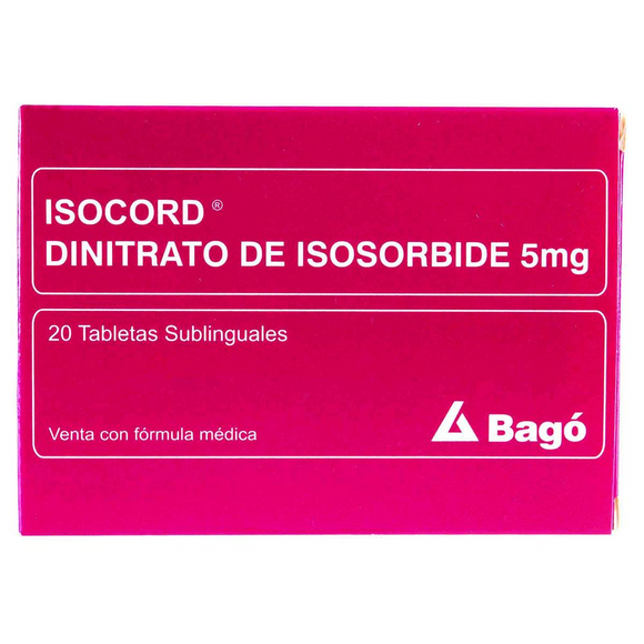 Isocord Sublingual 5mg dinitrato de isosorbida 20 tabletas — Laboratorios Bagó