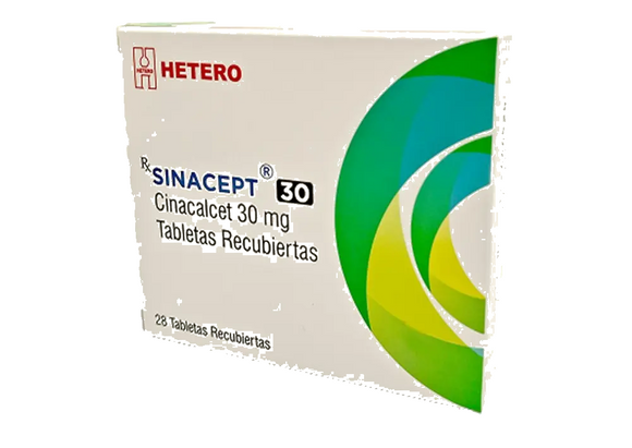 Sinacept 30 cinacalcet 30 mg caja x 28 tabletas — Hetero (fondo blanco)
