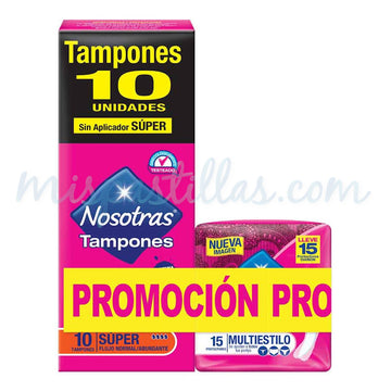 Tampón Nosotras Digital Súper Sin Aplicador x 10 + Protectores Multiestilo x 15 — Familia