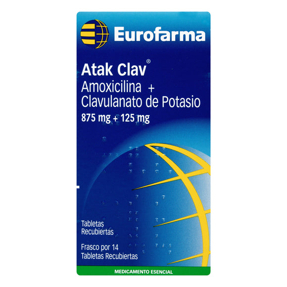 Atak Clav 875mg (amoxicilina+clavulanato) 14 tabletas — Eurofarma