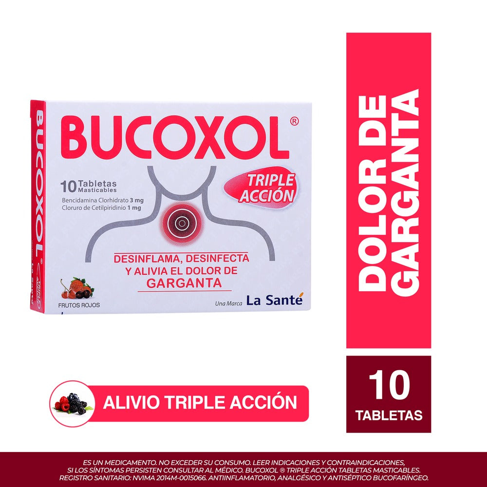 BUCOXOL TRIPLE ACCION FRUTOS ROJOS 10 TABLETAS